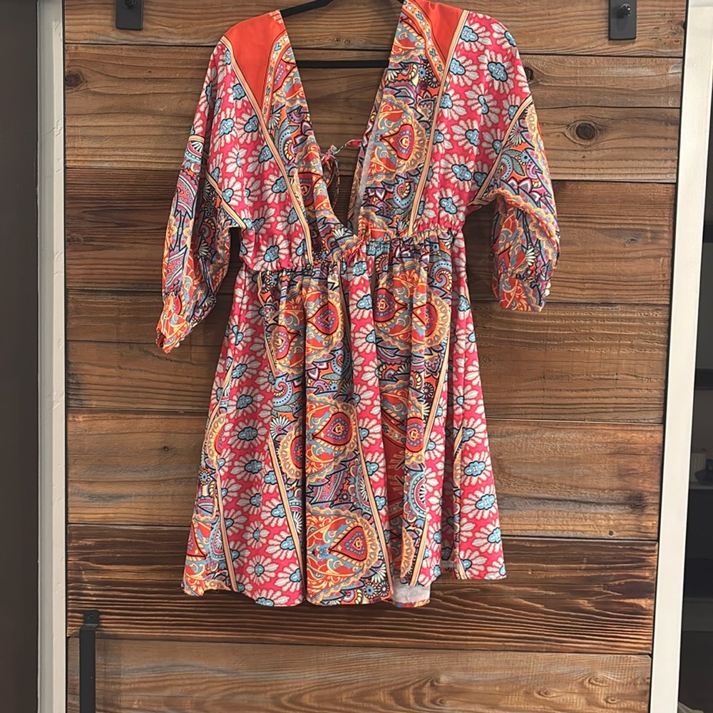 CABALA Women's XL Boho Paisley Deep V-Neck Mini Festival Dress/Beach Coverup
